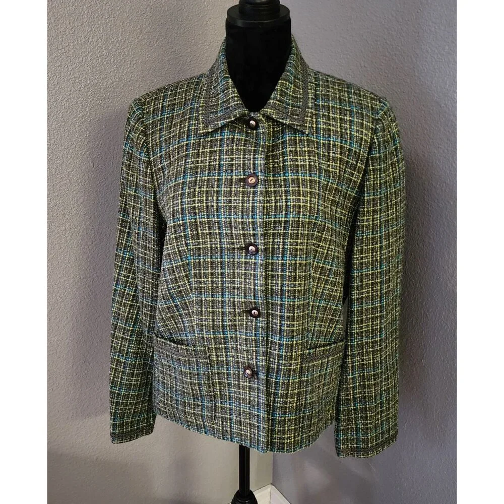 JM Collection Womens Tweed Button-Up Blazer Size 12 Green Blue Pockets Lined